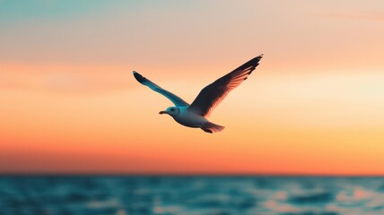 Fototapeta premium A seagull soaring above rolling ocean waves under a bright sky, representing the journey of exploration and the vastness of the sea seagull, ocean, exploration, coastal adventure