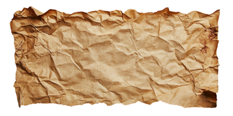 Old crumpled brown paper sheet with creases, isolated on transparent cutout background