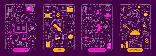 Fototapeta premium Technology creative line infographic. Digital icons. Business team. Startup project. Research strategy. Work communication. Graphic data diagram. Abstract education pictograms set. Vector garish art