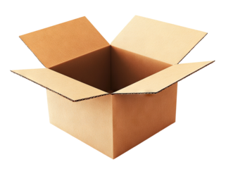 Open cardboard box with flaps, isolated on transparent cutout background