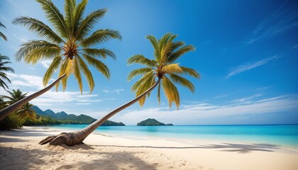 turquoise ocean waves with palm trees on sandy beach tropical background