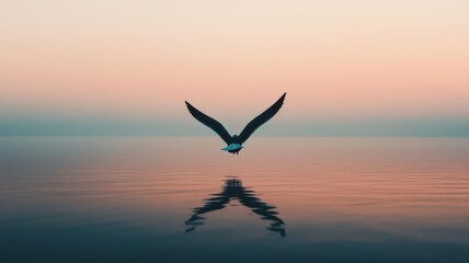 A single seagull gliding across still ocean waters under a muted gray sky, capturing the quiet beauty of solitude seagull, ocean, solitude, calm atmosphere