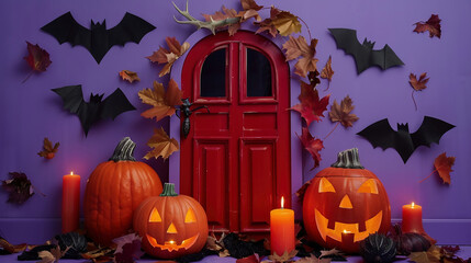 Obraz premium Halloween-themed doorway with red door, pumpkins, candles, leaves, and bat cutouts on purple background. Concept of Halloween