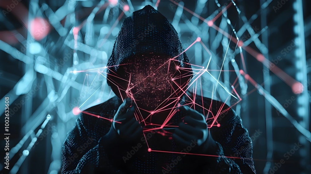 Poster hacker silhouette in abstract digital matrix