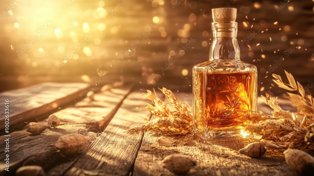 Poster A close-up view of a whiskey bottle surrounded by natural elements in warm light on a wooden surface. Generative AI