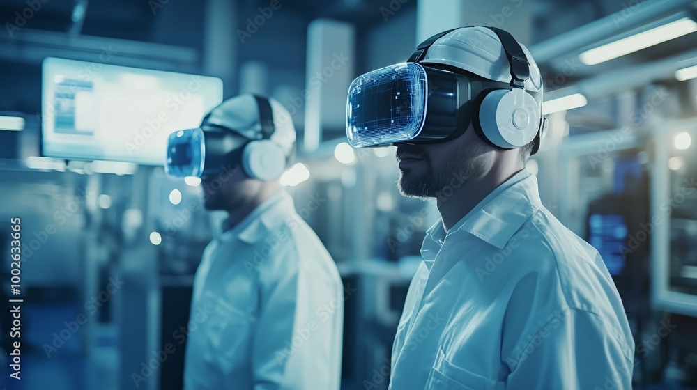 Poster engineers using vr headsets for production visualization