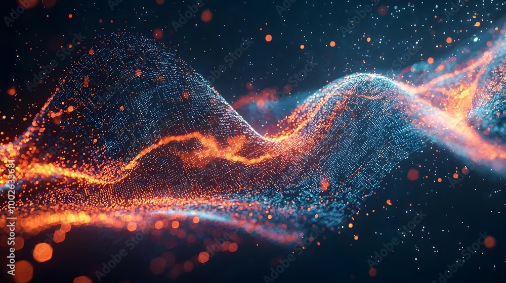 Poster captivating cosmic waves of digital energy and illuminated particles in the futuristic universe