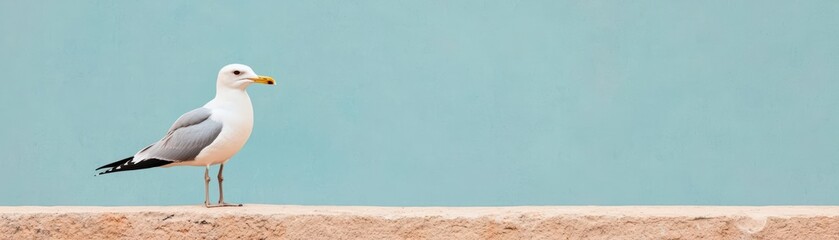 Obraz premium A lone seagull perched on a cliff, overlooking the endless horizon of a tranquil sea, symbolizing solitude, freedom, and inner peace seagull, freedom, tranquility, landscape