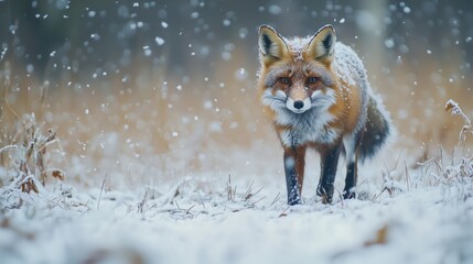 Obraz premium Fox Walking in a Snowy Field