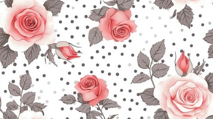 Elegant Seamless Rose Pattern with Polka Dots Background