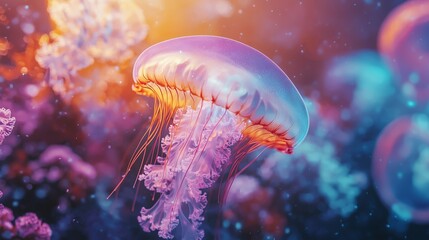 Naklejka premium Colorful Jellyfish Swimming in Bright Underwater Scene