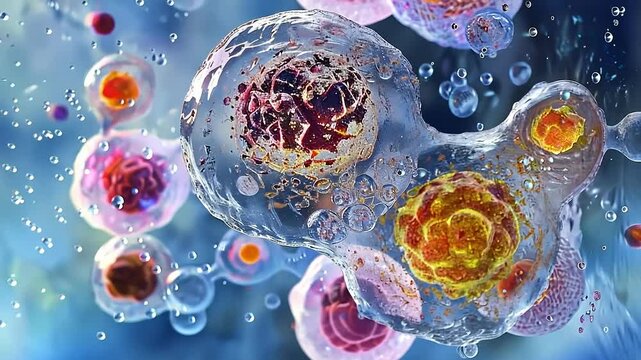 Cellular wonder: microscopic visualization of stem cells reveals their unique properties, potential for regeneration, repair within biological systems, emphasizing critical role in medical research.
