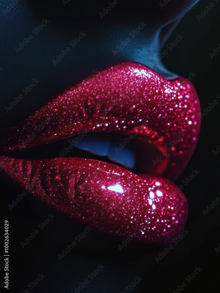 Poster glossy lips glisten with a vibrant sheen, capturing the light in an exquisite close-up with a bold r
