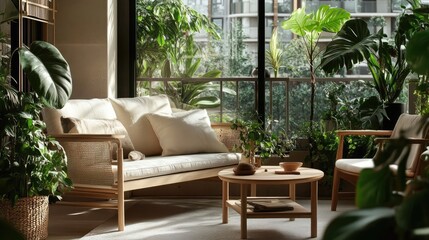 Obraz premium with clean, simple lines, light wooden furniture, and soft neutral tones, surrounded by lush green plants