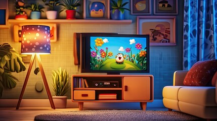 Happy cartoon TV with a wide grin, displaying a fun show, content in a cozy living room.