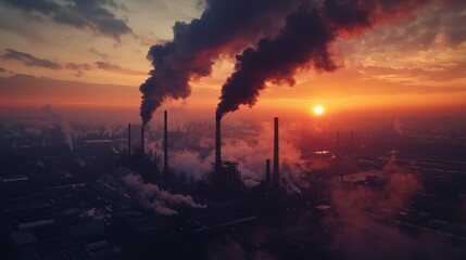 Obraz premium Factory Emitting Thick Black Smoke at Sunset