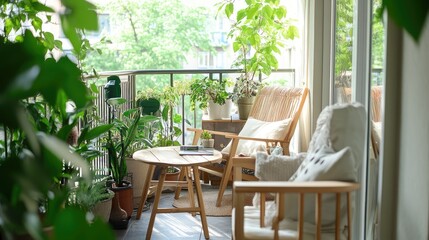 with clean, simple lines, light wooden furniture, and soft neutral tones, surrounded by lush green plants