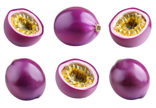 Vibrant purple passion fruits on a bright white background showcasing their juicy interior