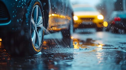 Car Tire Splashing Through Rainy City Street at Night with Blurred Lights