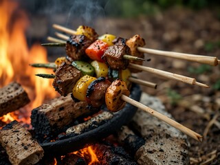 Shashlik skewers arranged over a campfire.