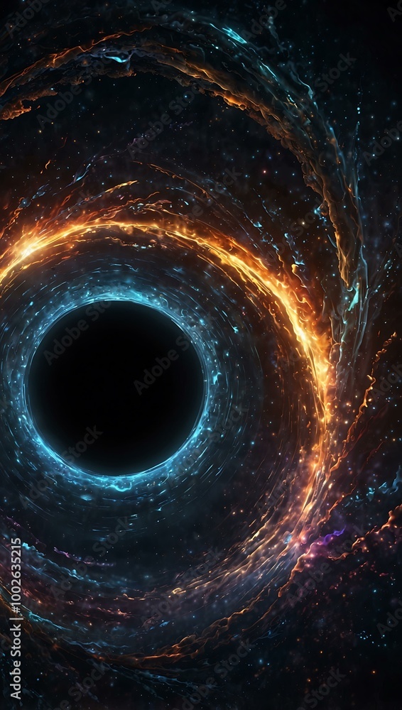 Poster shimmering wormhole with distorted light and glowing edges.