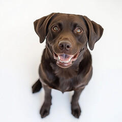 Fototapeta premium Chocolate labrador retriever smiling in front of white background