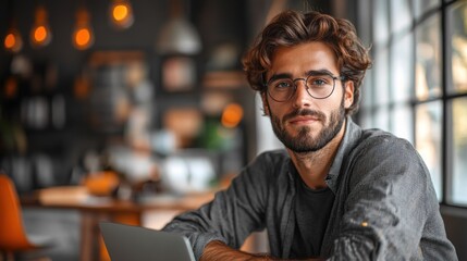 A young man with glasses working on a laptop in a cozy caf?.