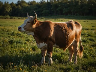 Side view of a cow standing in a meadow.