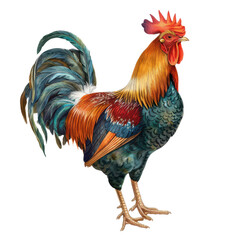 Fototapeta premium A vibrant and colorful rooster standing tall, showcasing its intricate plumage and striking features. Perfect for farm and nature themes.