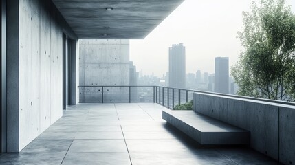 Fototapeta premium with concrete walls, metal railings, and minimalist seating, overlooking an urban skyline