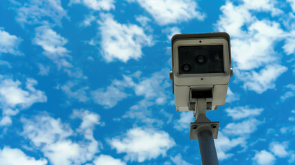 Closeup of traffic security camera surveillance on the road. Concrete pillar, blue sky background, free space for text, high resolution.
