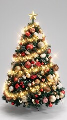 3D Render of a Beautifully Decorated Christmas Tree with Sparkling Ornaments, Red and Gold Baubles, Twinkling Fairy Lights, and a Golden Star on Top, Isolated Against a Clean White Background