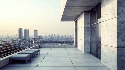 Obraz premium with concrete walls, metal railings, and minimalist seating, overlooking an urban skyline
