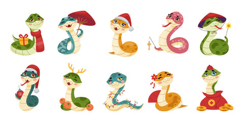 2025 New Year. Snake cartoon character. Chinese animal. Funny reptile. Symbol of holiday. Zodiac viper. Asian mascot. Horoscope tradition celebration. Xmas hat. Vector cartoon tidy baby serpents set