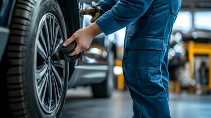 Experienced Mechanic Inspecting and Repairing Car Wheel in Automotive Repair Shop