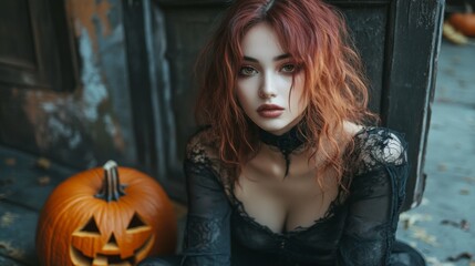 Fototapeta premium Dark Gothic Halloween Aesthetic with Pumpkins and Mysterious Girl
