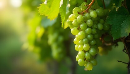 Fototapeta premium Delicious looking high-quality grapes with leaves in green color