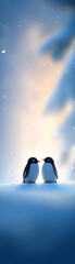 Fototapeta premium Two penguins standing on a snowy hill. The scene is peaceful and serene. The penguins are facing each other, and their expressions are calm and content