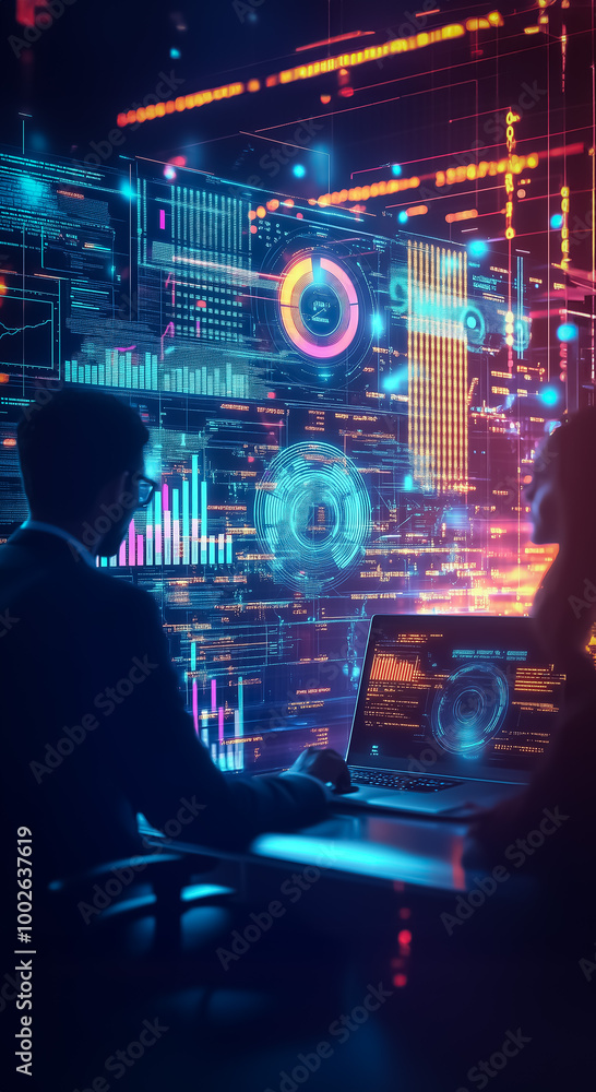 Poster business professionals analyzing complex holographic data charts in a futuristic control room. horiz