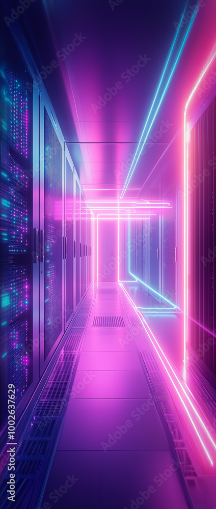 Poster wide-angle view of a contemporary server room with a vibrant display of server racks. horizontal for