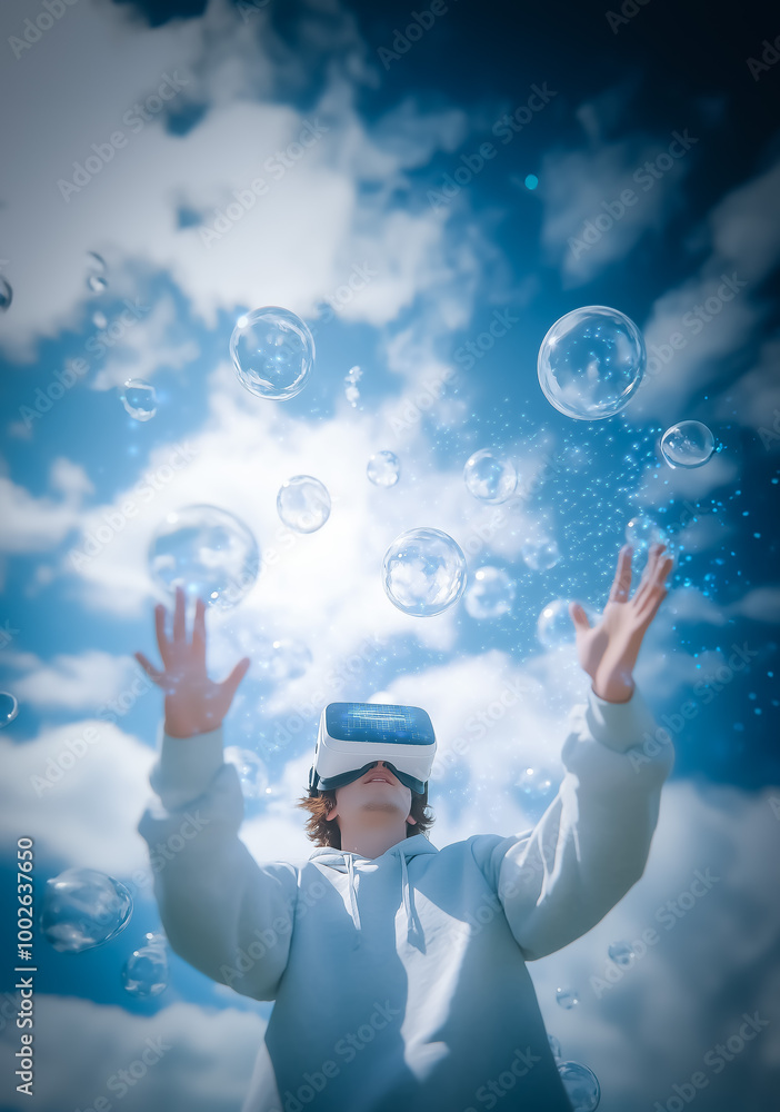 Poster individual wearing a vr headset reaching out to interact with virtual bubbles floating in a blue sky