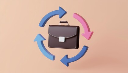 Obraz premium Briefcase surrounded by circular arrows on a pastel background.