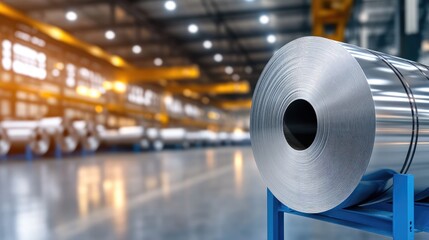A collection of substantial rolls made from steel and aluminum is positioned on stands inside a modern warehouse, awaiting processing into various shapes and plates