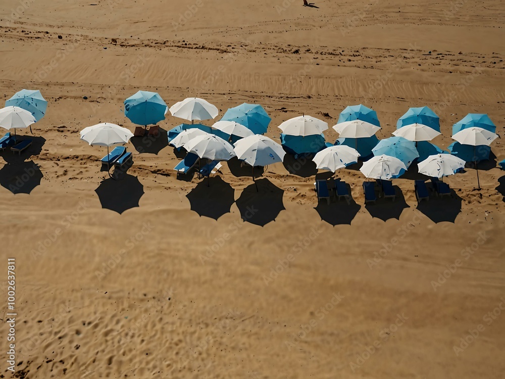 Wall mural slow zoom out from an empty sandy beach with closed umbrellas.