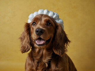 Smiling cocker spaniel puppy with foam on its head, against a yellow background.