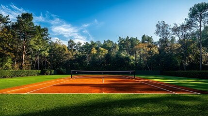 Tennis Court Surrounded by Nature in Sunny Outdoor Setting