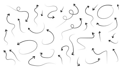 Hand drawn arrow mark icons. Collection hand drawn arrows. Set simple arrows isolated on white background. Hand drawn doodle sketch style. Arrow icon collection. Vector illustration