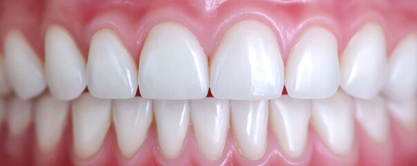 Close-up of healthy, white teeth with pink gums, ideal for dental topics.