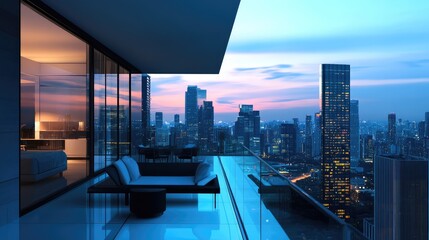 A sleek, modern balcony with glass railings, minimalistic furniture, and an unobstructed view of a vibrant city skyline