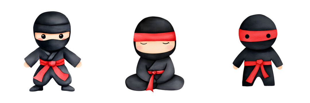 A kid in a ninja costume with a mask clipart, Halloween costume element, watercolor illustration collection, black and red, isolated on white background
